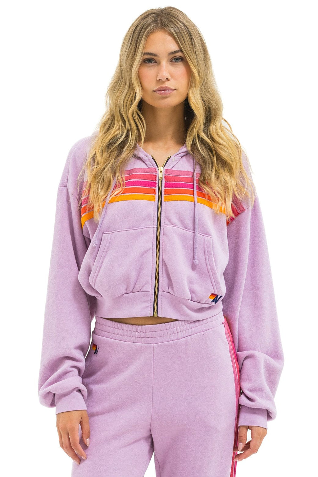 Retro 5 STRIPE CROPPED ZIP HOODIE RELAXED - MAUVE MAGENTA ORANGE