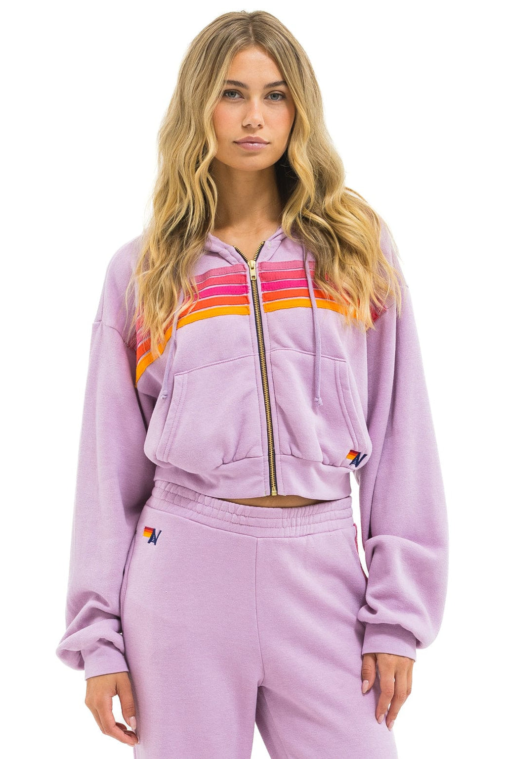 Retro 5 STRIPE CROPPED ZIP HOODIE RELAXED - MAUVE MAGENTA ORANGE