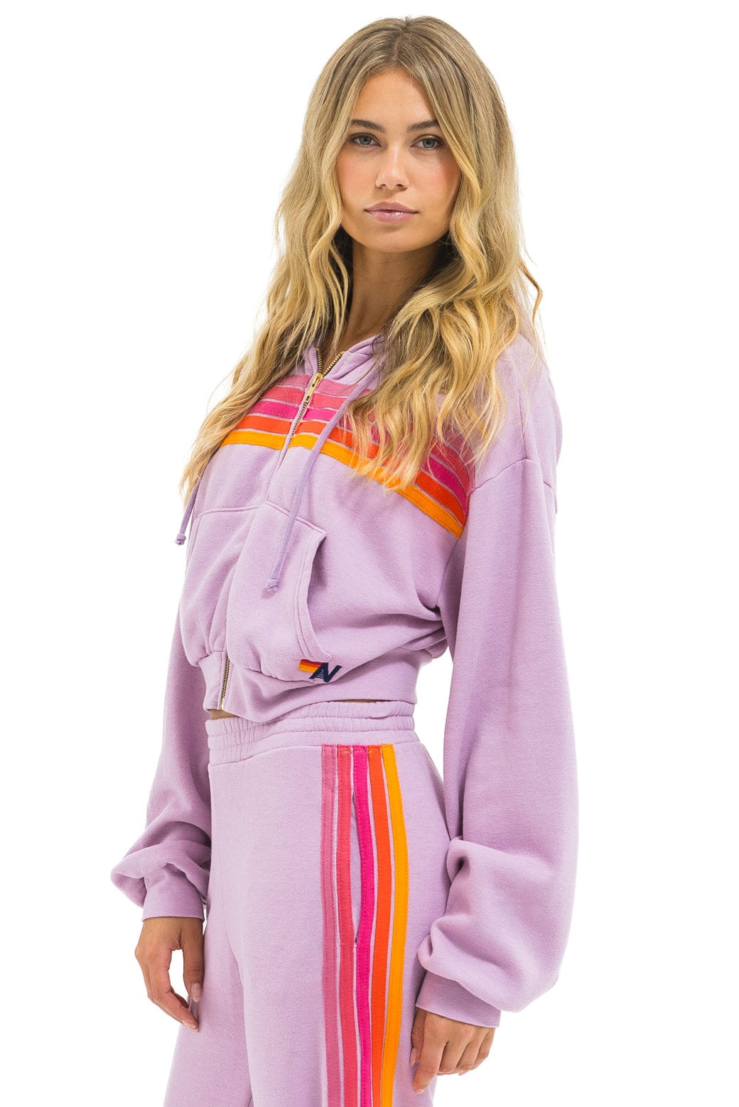 Retro 5 STRIPE CROPPED ZIP HOODIE RELAXED - MAUVE MAGENTA ORANGE