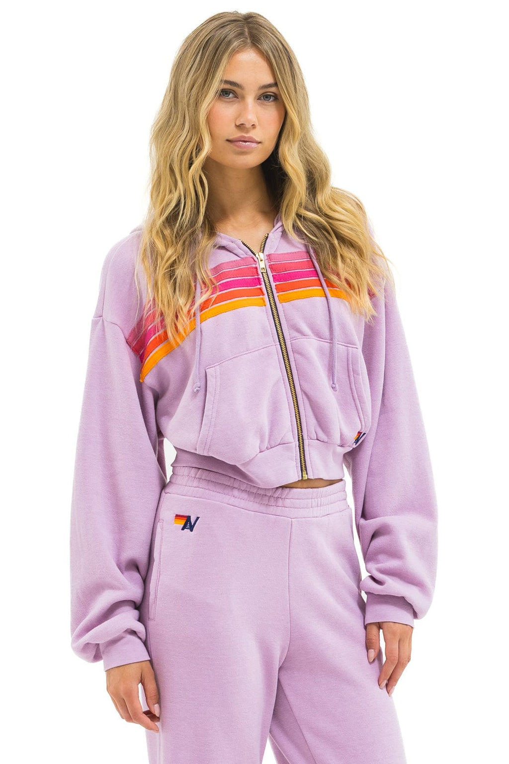 Retro 5 STRIPE CROPPED ZIP HOODIE RELAXED - MAUVE MAGENTA ORANGE
