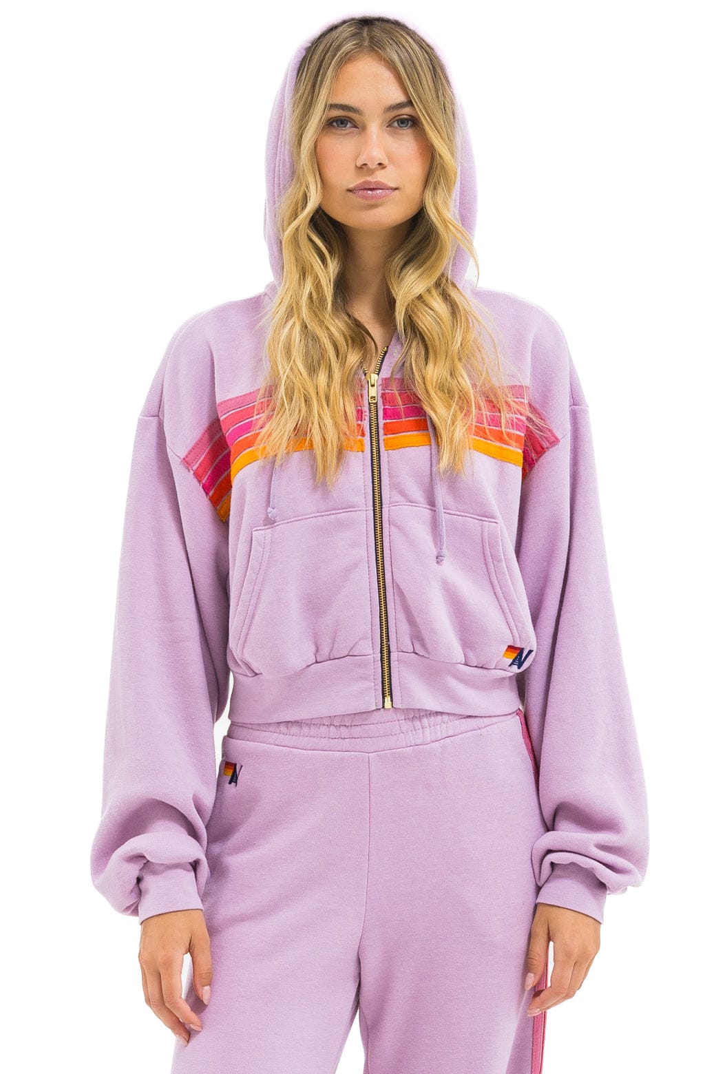 Retro 5 STRIPE CROPPED ZIP HOODIE RELAXED - MAUVE MAGENTA ORANGE