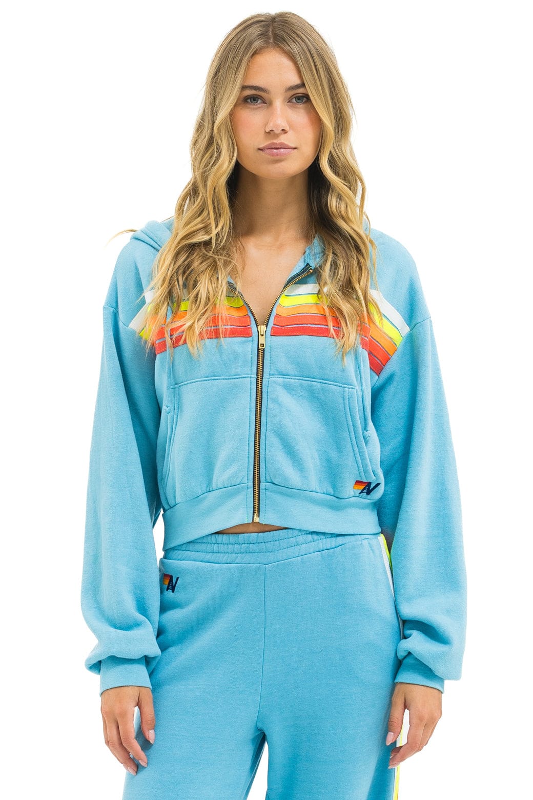 Retro 5 STRIPE CROPPED ZIP HOODIE RELAXED - AQUA WHITE NEON