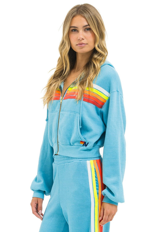 Retro 5 STRIPE CROPPED ZIP HOODIE RELAXED - AQUA WHITE NEON