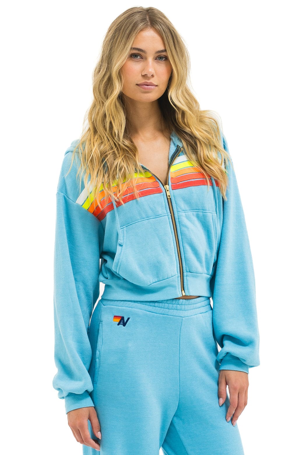 Retro 5 STRIPE CROPPED ZIP HOODIE RELAXED - AQUA WHITE NEON