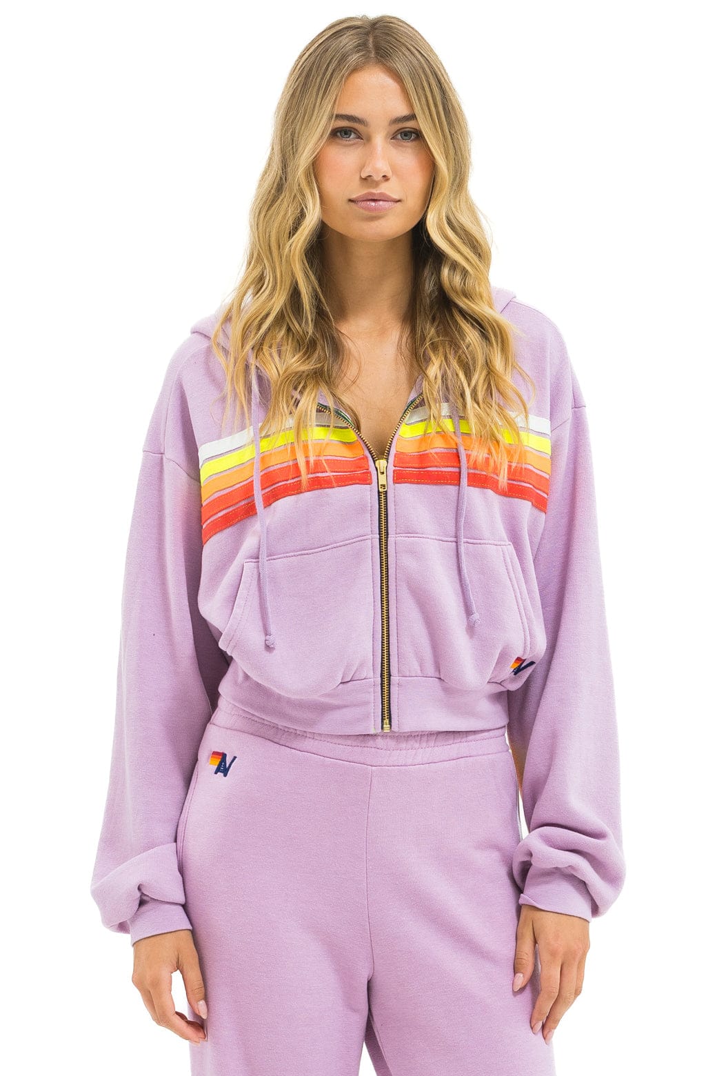 Retro 5 STRIPE CROPPED ZIP HOODIE RELAXED - MAUVE WHITE NEON