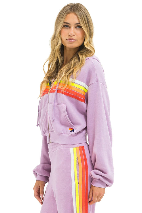 Retro 5 STRIPE CROPPED ZIP HOODIE RELAXED - MAUVE WHITE NEON