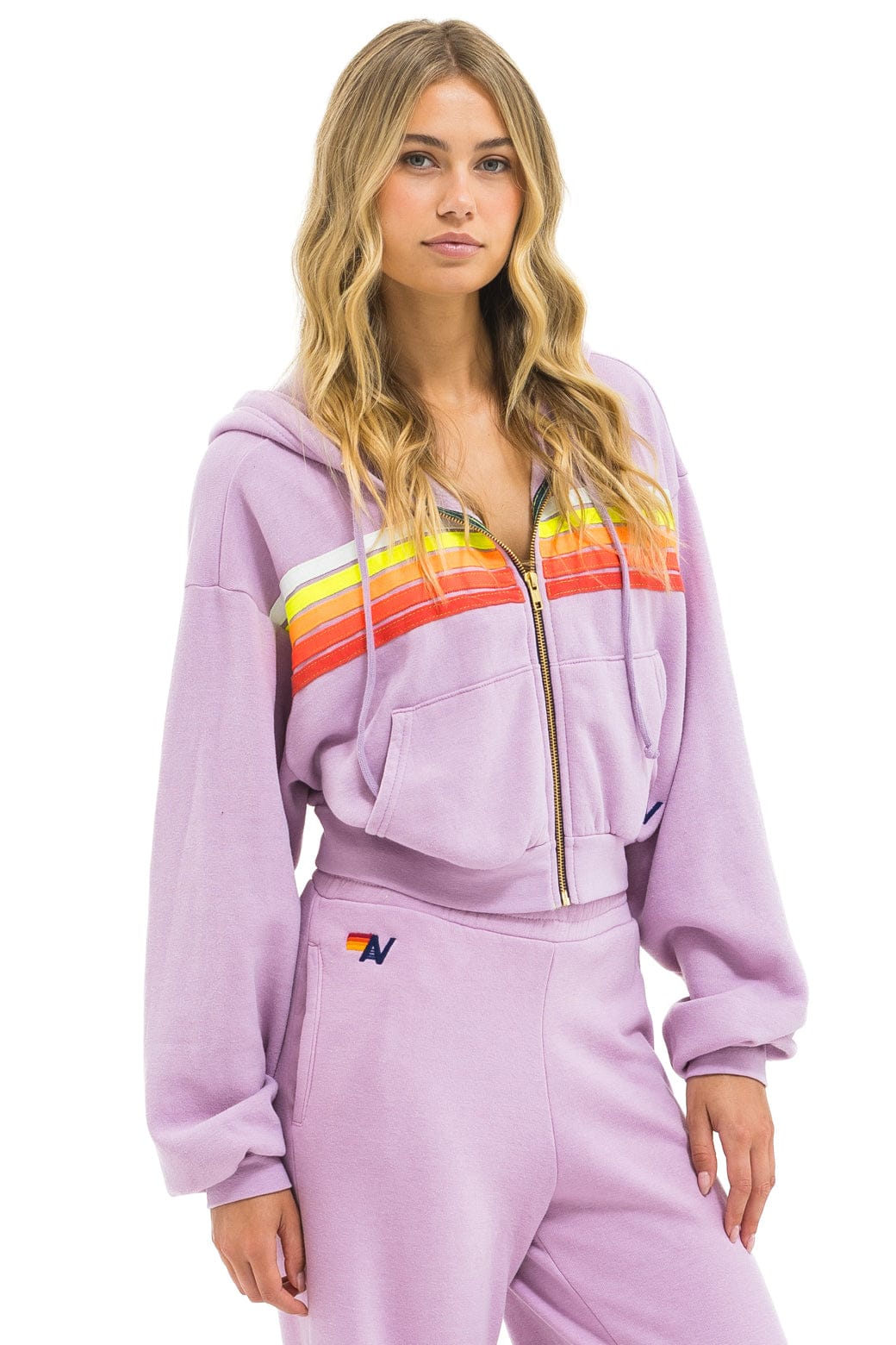 Retro 5 STRIPE CROPPED ZIP HOODIE RELAXED - MAUVE WHITE NEON