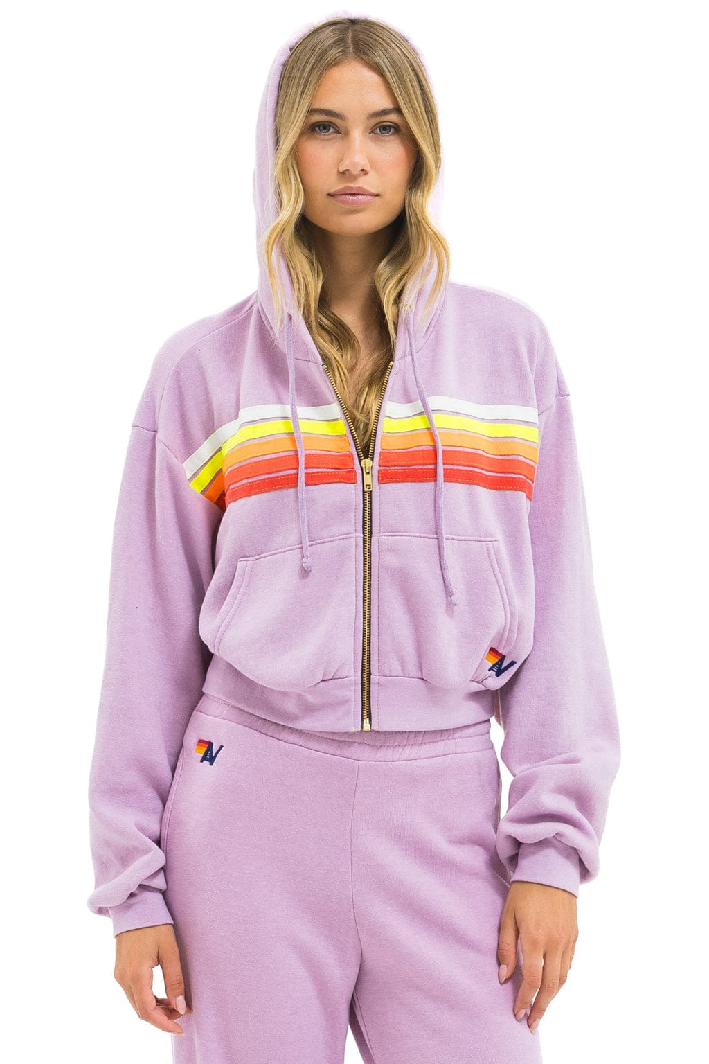 Retro 5 STRIPE CROPPED ZIP HOODIE RELAXED - MAUVE WHITE NEON