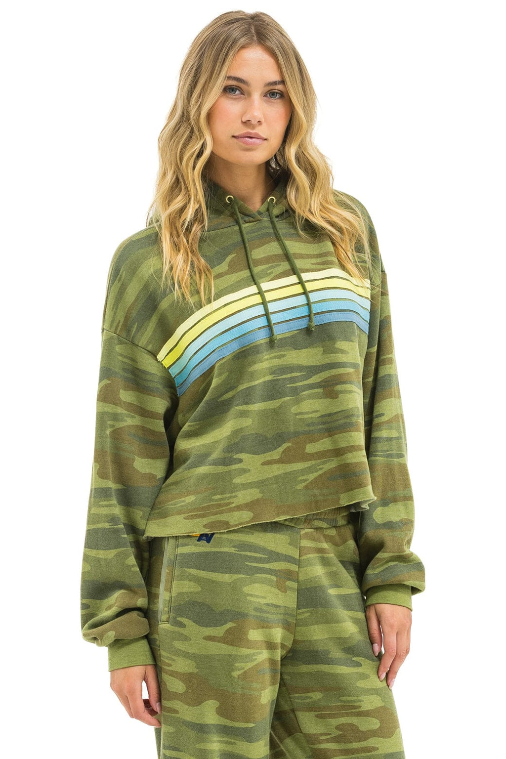 Retro 5 STRIPE RELAXED CROPPED PULLOVER HOODIE - CAMO LIME AQUA