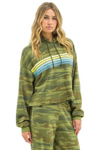 Retro 5 STRIPE RELAXED CROPPED PULLOVER HOODIE - CAMO LIME AQUA