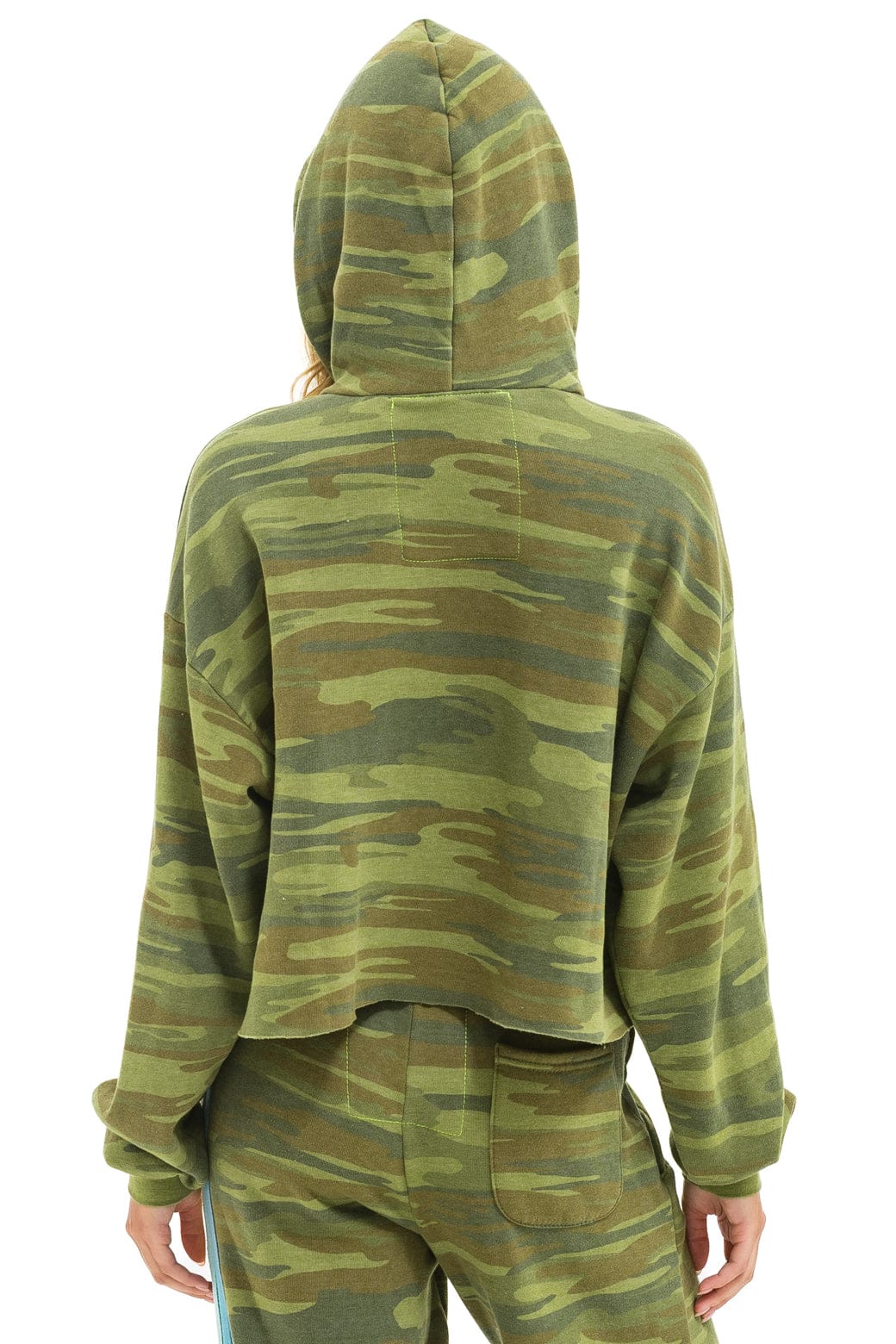 Retro 5 STRIPE RELAXED CROPPED PULLOVER HOODIE - CAMO LIME AQUA