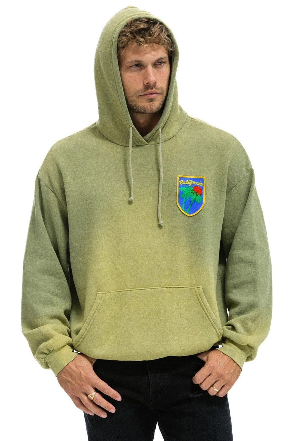 Retro CALIFORNIA PALM PATCH PULLOVER RELAXED HOODIE - FADED ARMY