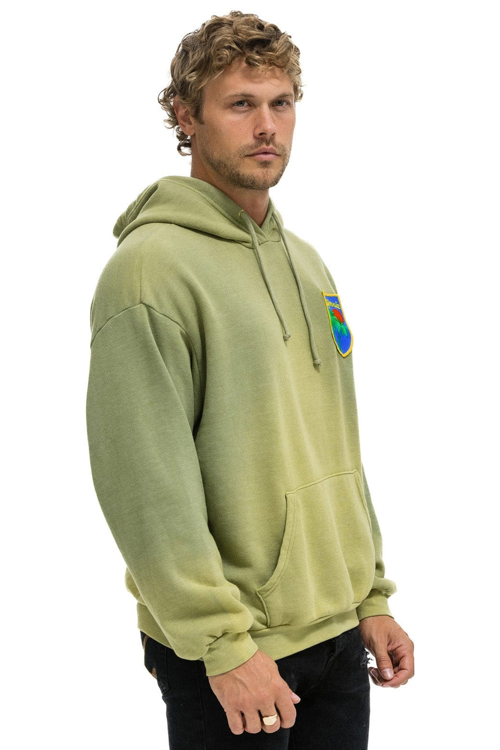 Retro CALIFORNIA PALM PATCH PULLOVER RELAXED HOODIE - FADED ARMY
