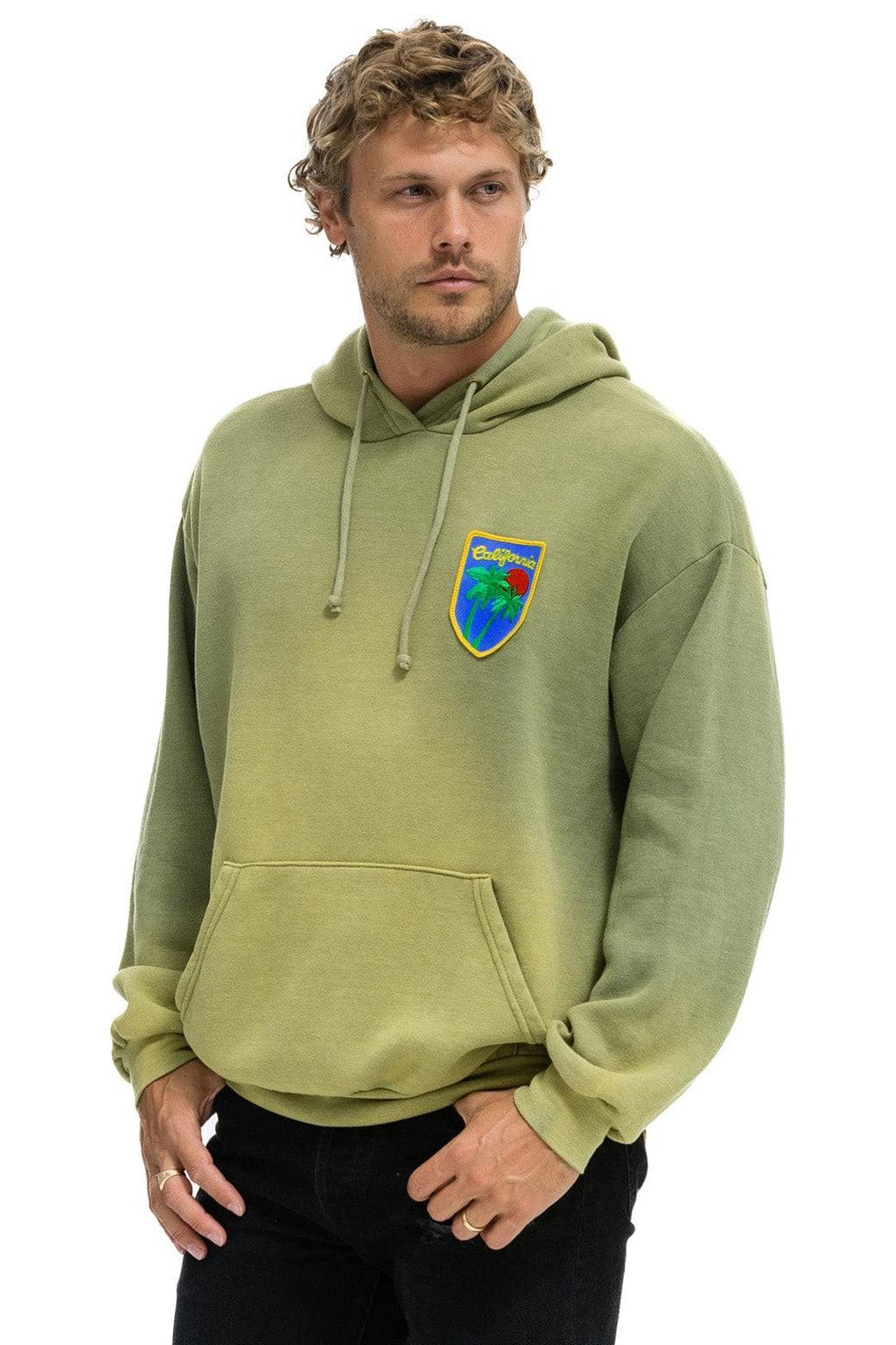 Retro CALIFORNIA PALM PATCH PULLOVER RELAXED HOODIE - FADED ARMY