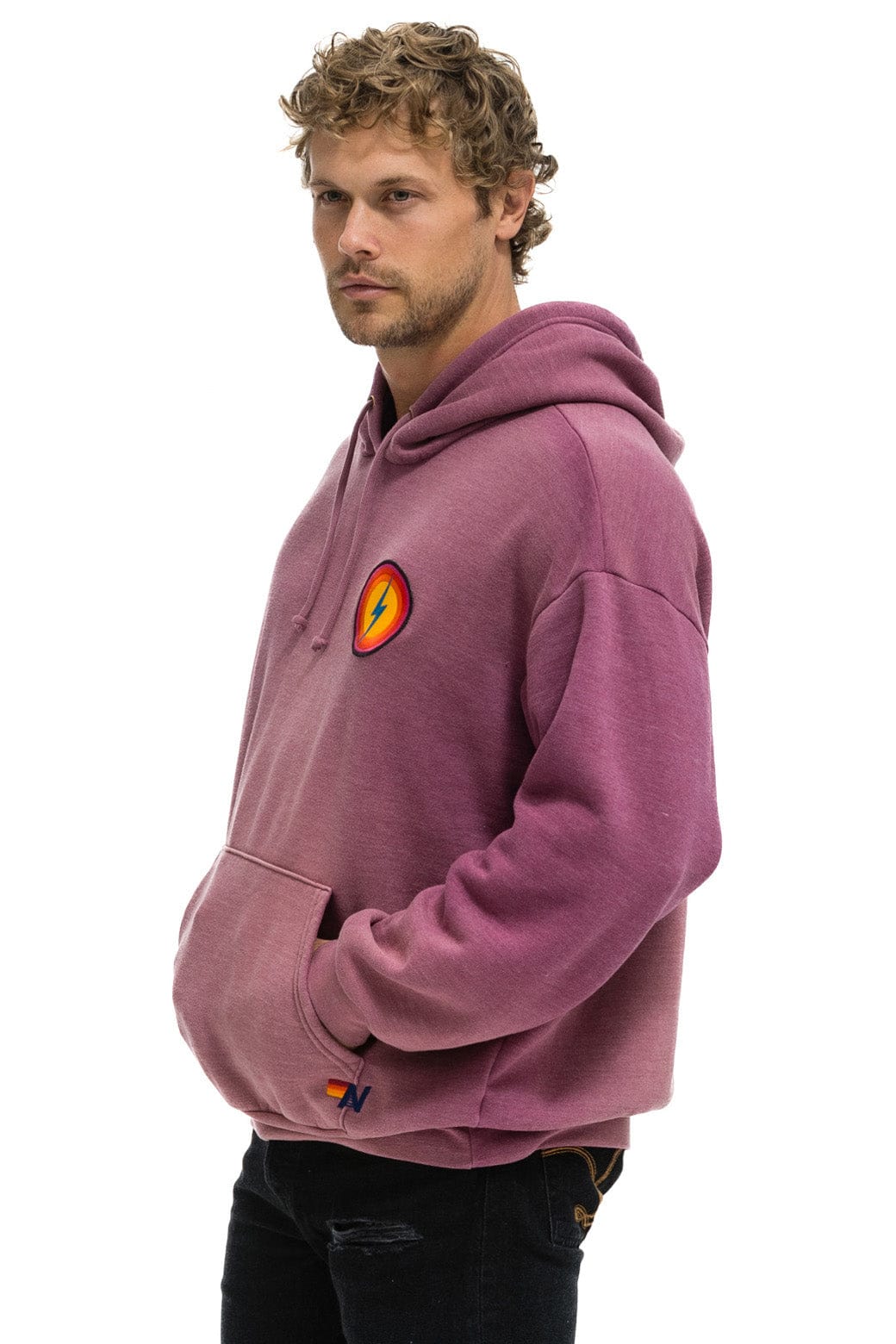 Retro BOLT BULLSEYE PATCH PULLOVER RELAXED HOODIE - FADED BERRY