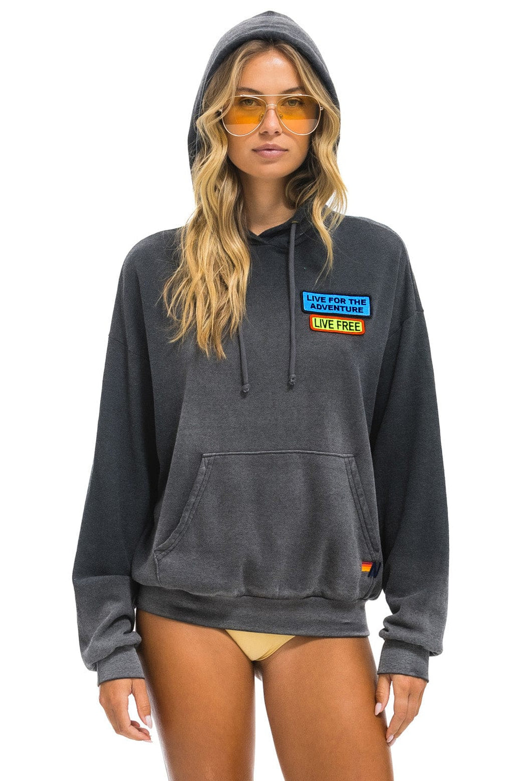 Retro LIVE FREE ADVENTURE PATCH PULLOVER RELAXED HOODIE - FADED SMOKE