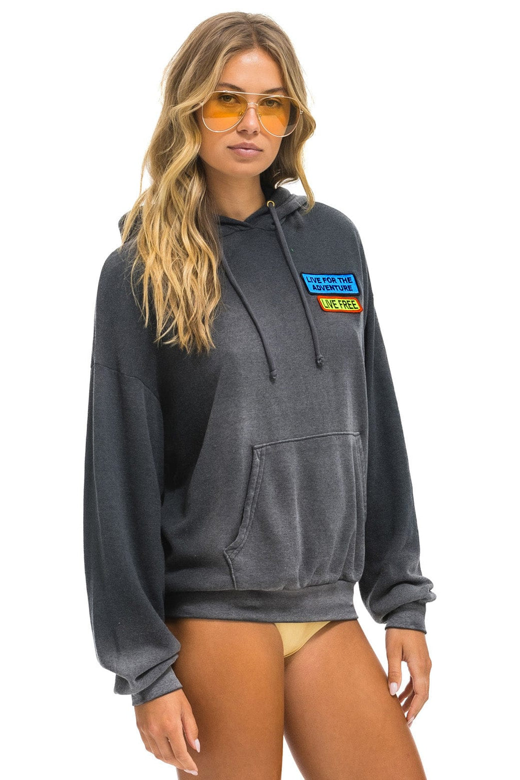 Retro LIVE FREE ADVENTURE PATCH PULLOVER RELAXED HOODIE - FADED SMOKE