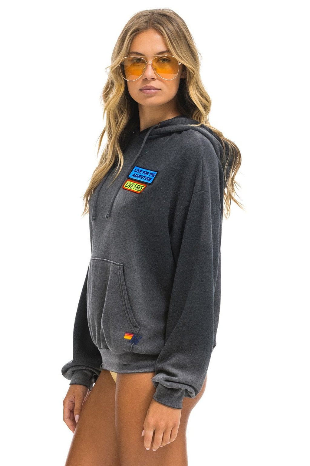 Retro LIVE FREE ADVENTURE PATCH PULLOVER RELAXED HOODIE - FADED SMOKE