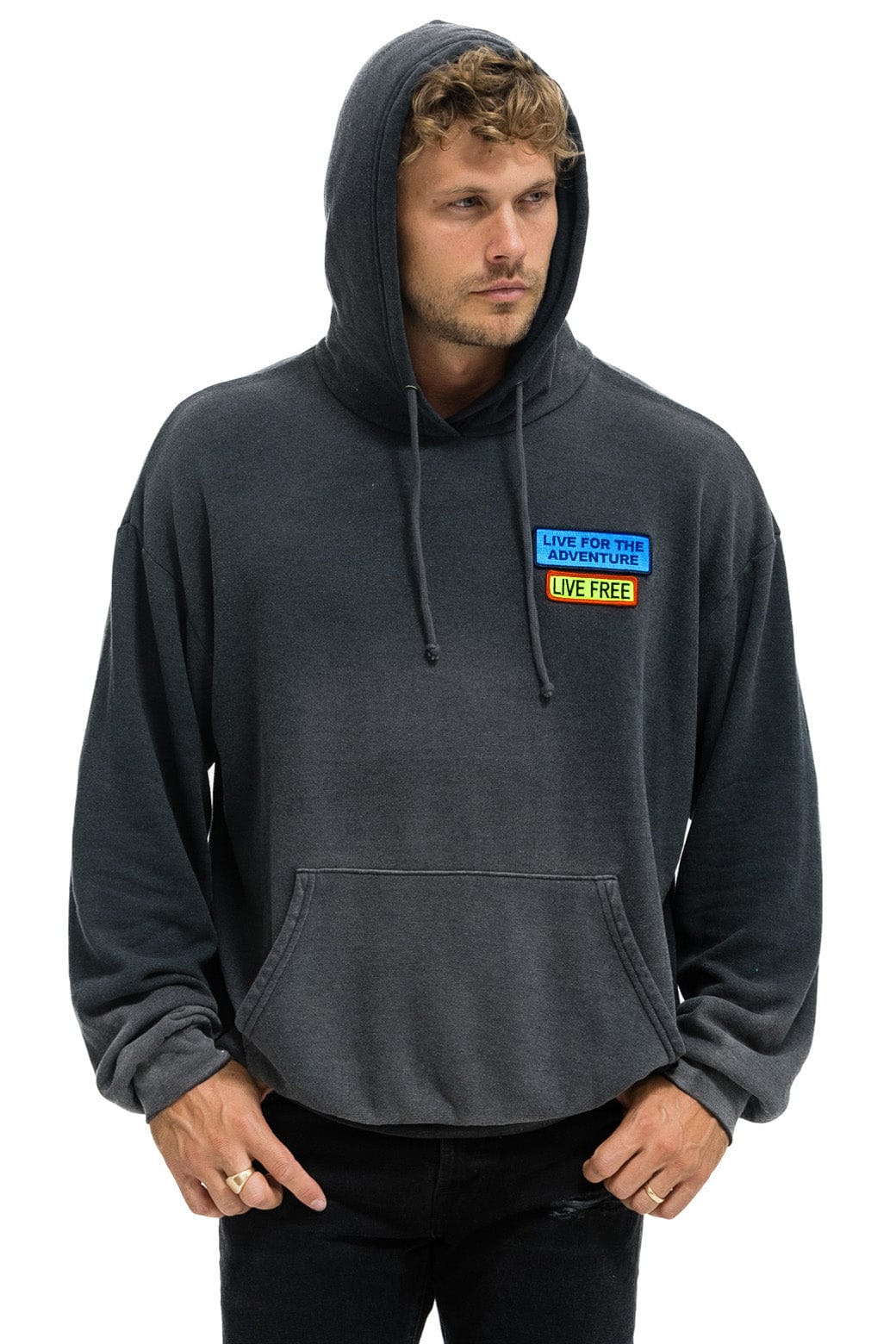 Retro LIVE FREE ADVENTURE PATCH PULLOVER RELAXED HOODIE - FADED SMOKE