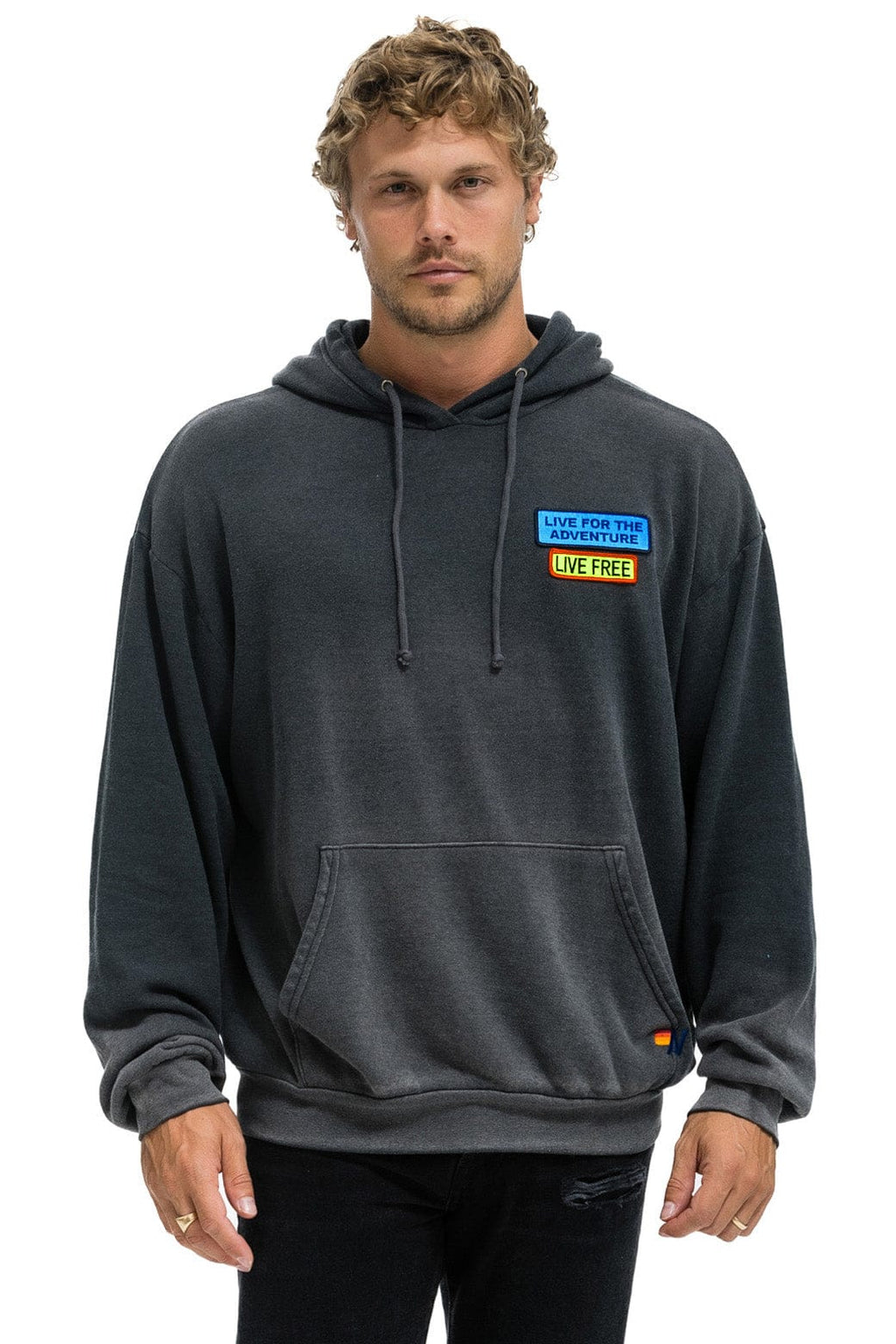 Retro LIVE FREE ADVENTURE PATCH PULLOVER RELAXED HOODIE - FADED SMOKE