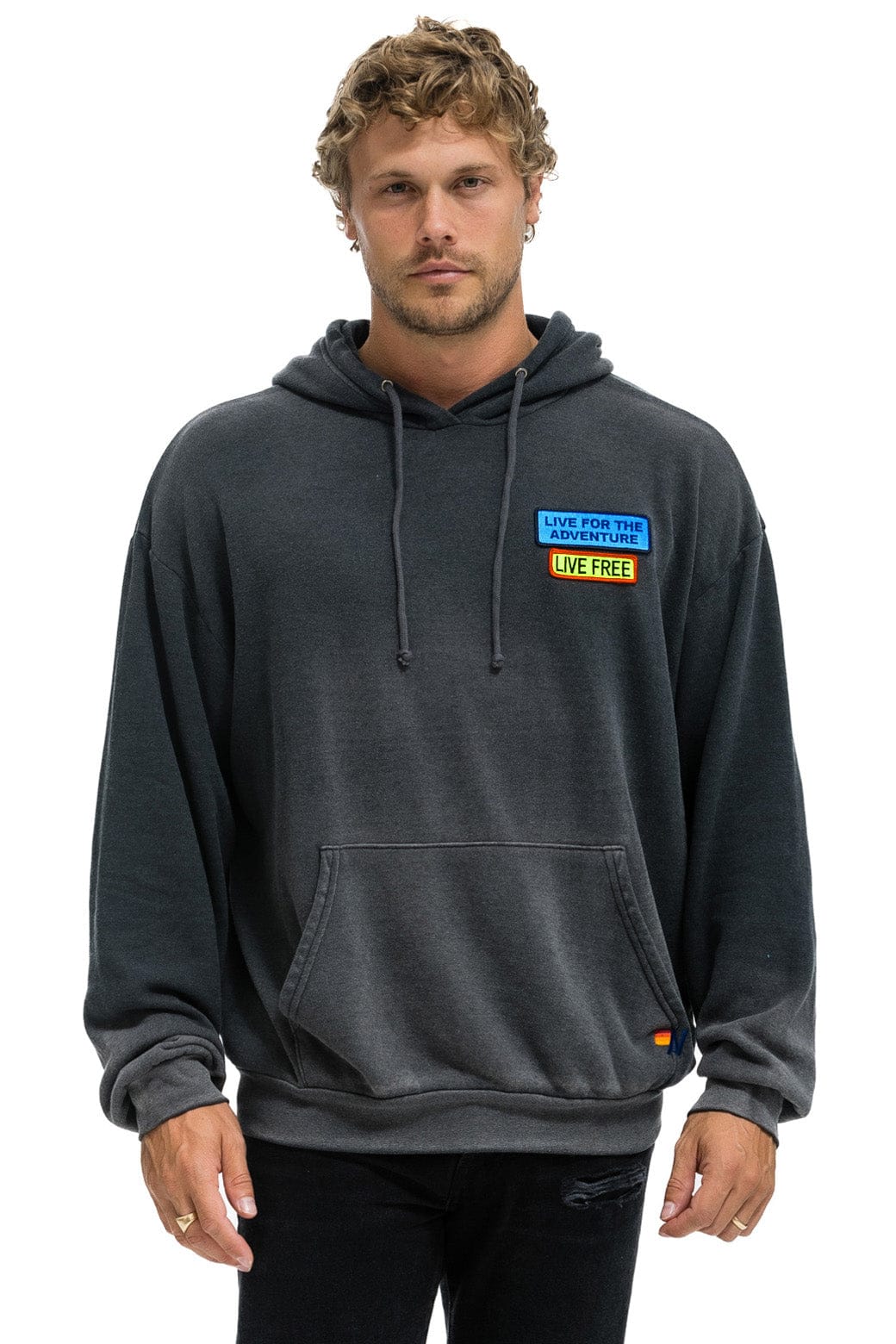 Retro LIVE FREE ADVENTURE PATCH PULLOVER RELAXED HOODIE - FADED SMOKE