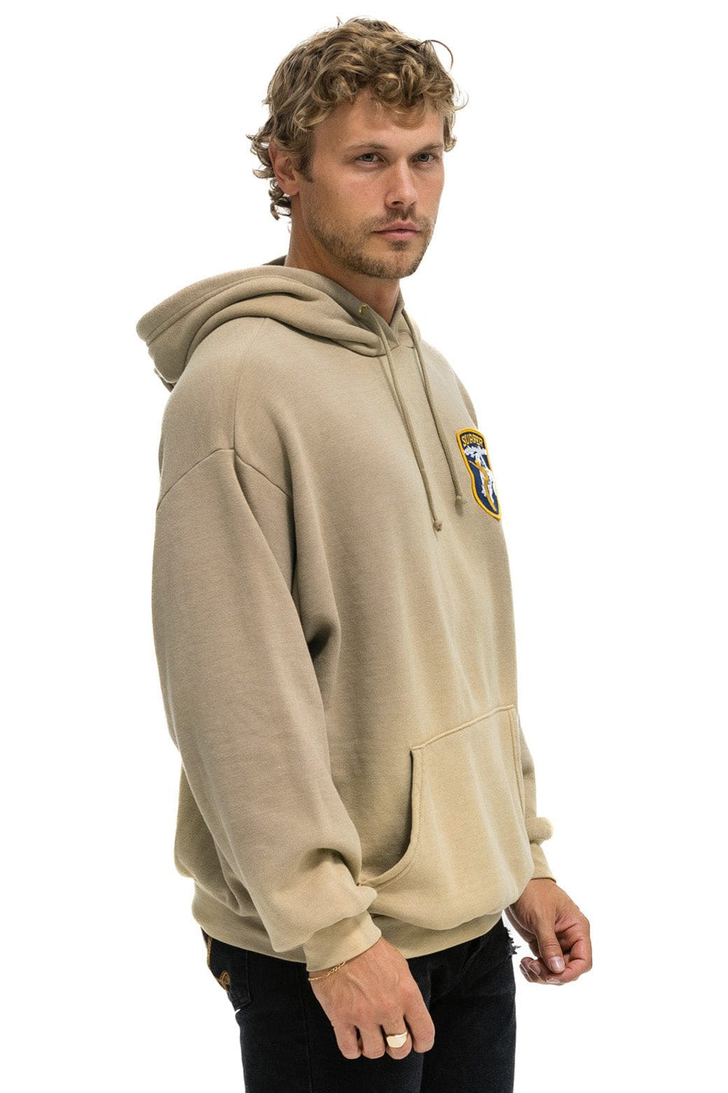 Retro CALIFORNIA SURFER PATCH PULLOVER RELAXED HOODIE - FADED TAN