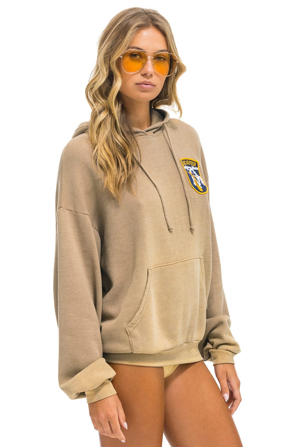 Retro CALIFORNIA SURFER PATCH PULLOVER RELAXED HOODIE - FADED TAN