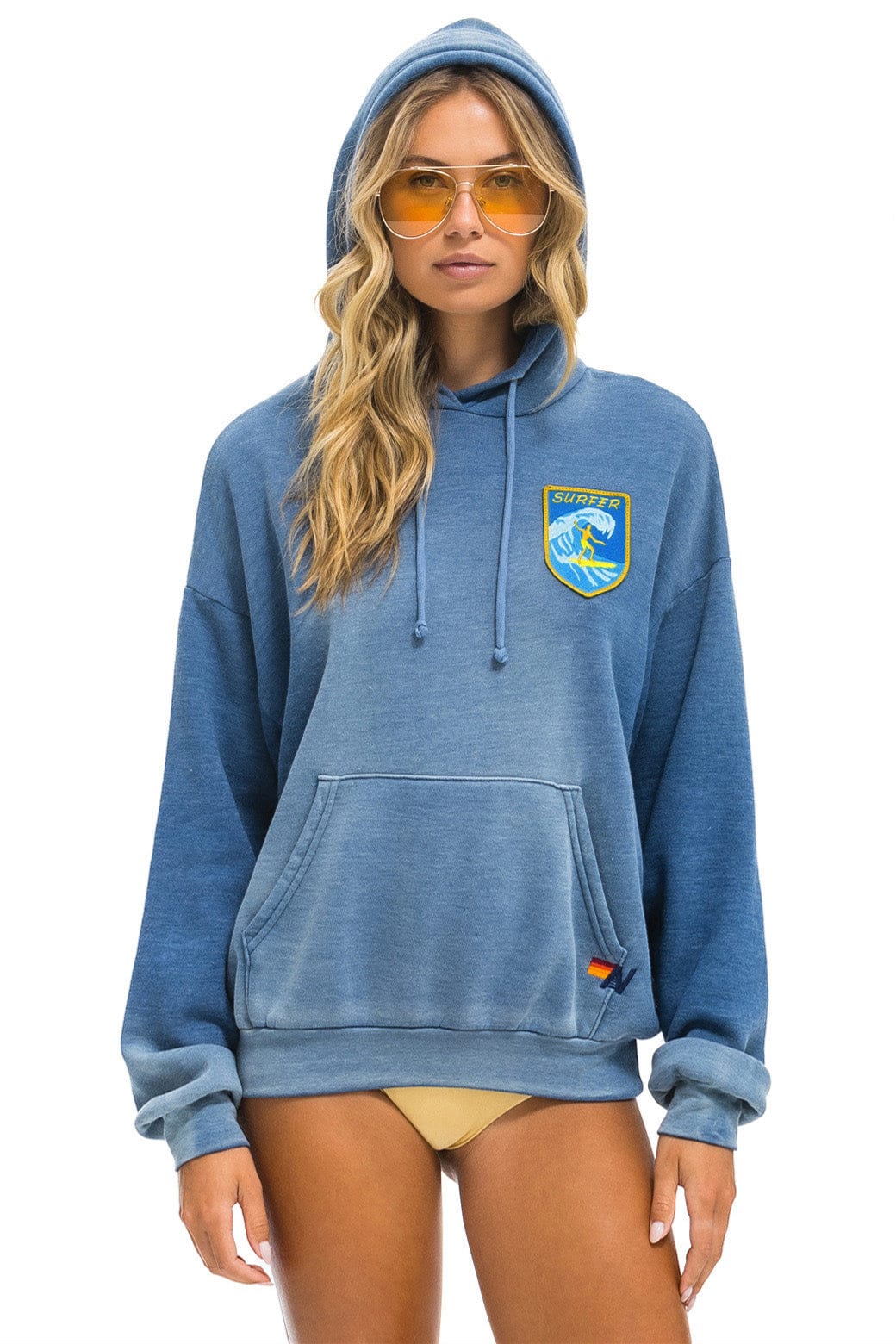 Retro SURFER WAVE PATCH PULLOVER RELAXED HOODIE - FADED WATER