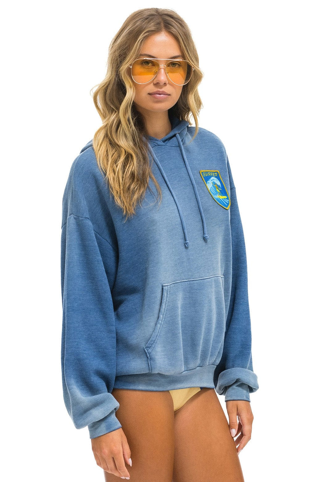 Retro SURFER WAVE PATCH PULLOVER RELAXED HOODIE - FADED WATER
