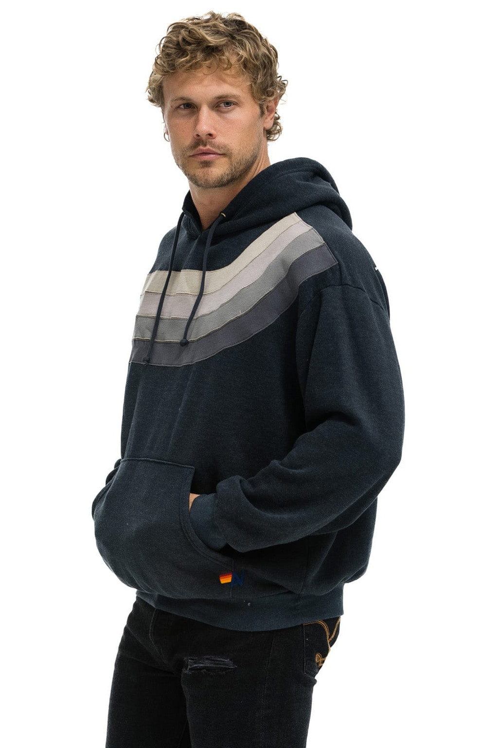 Retro WAVE STRIPE 4 PULLOVER HOODIE RELAXED - CHARCOAL CHARCOAL