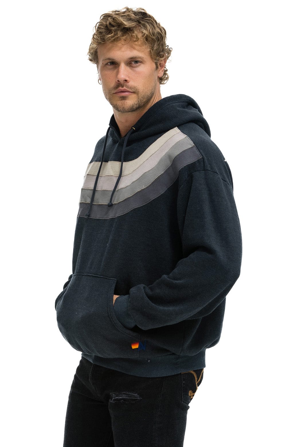 Retro WAVE STRIPE 4 PULLOVER HOODIE RELAXED - CHARCOAL CHARCOAL