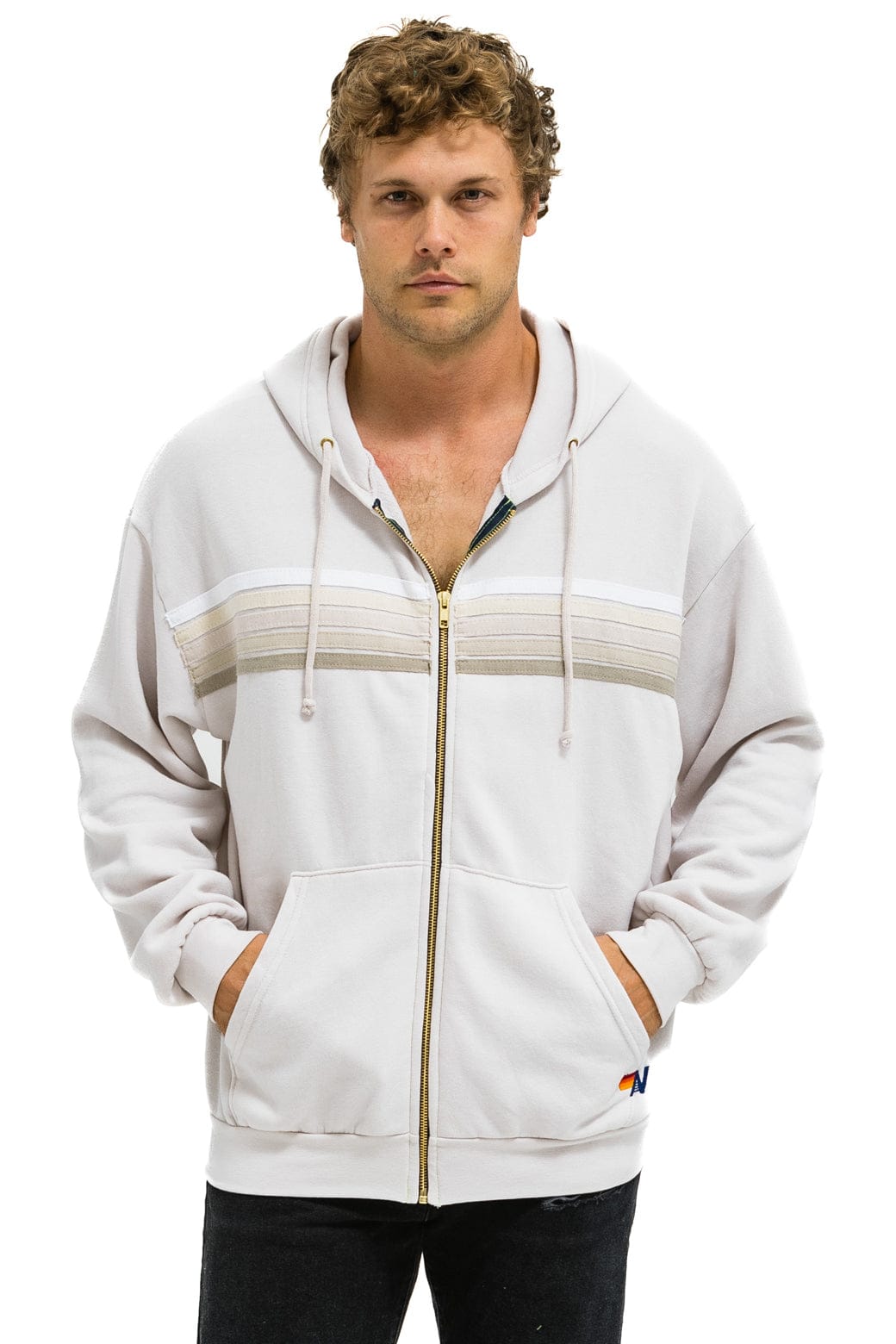 Retro 5 STRIPE RELAXED ZIP HOODIE - DOVE GREY WHITE GREY