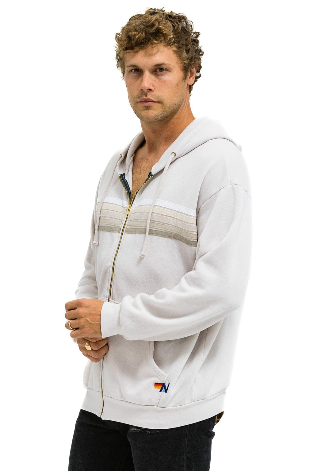 Retro 5 STRIPE RELAXED ZIP HOODIE - DOVE GREY WHITE GREY