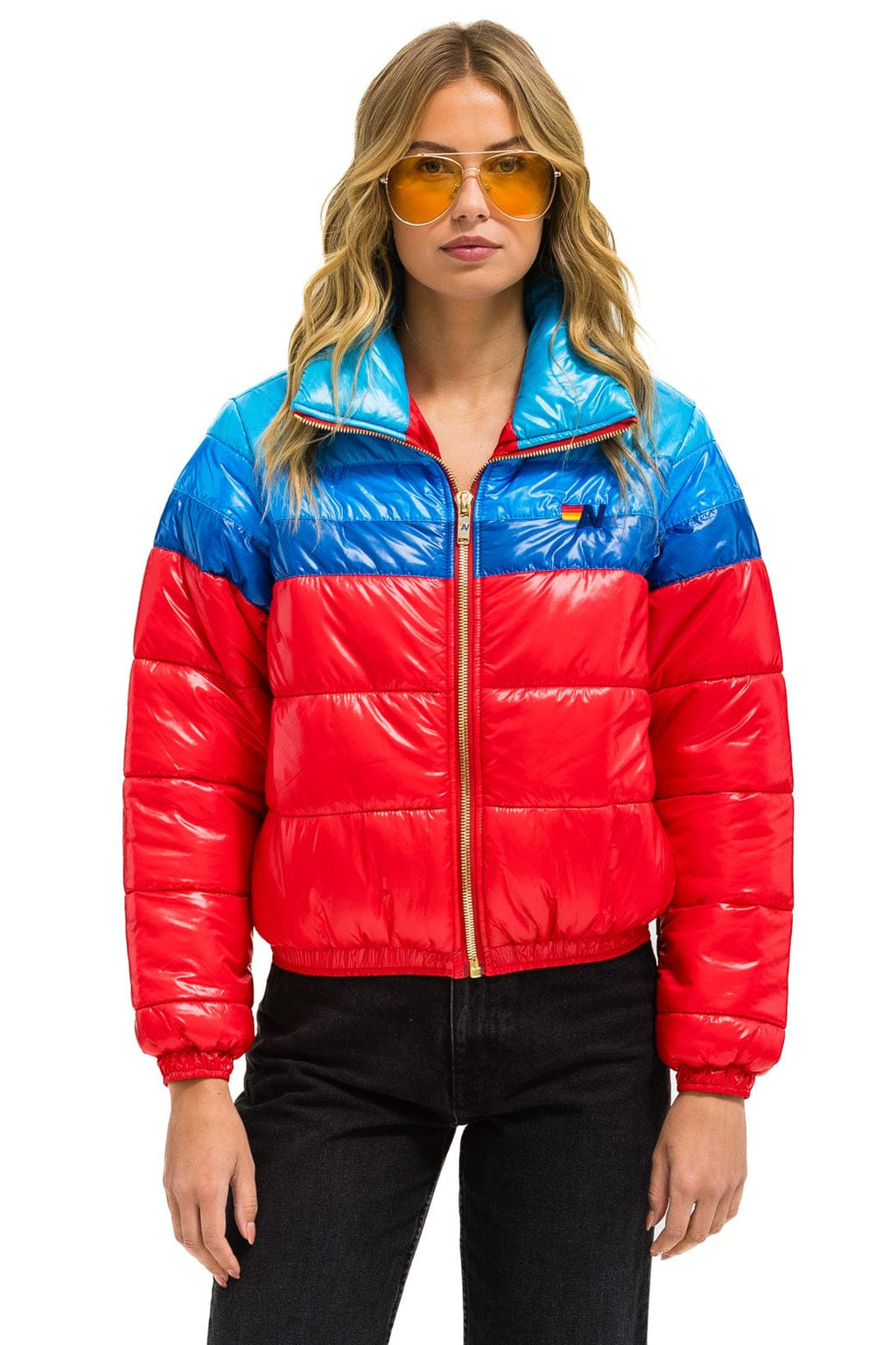 Retro COLOR BLOCK LUXE APRES PUFFER JACKET - GLOSSY CHERRY
