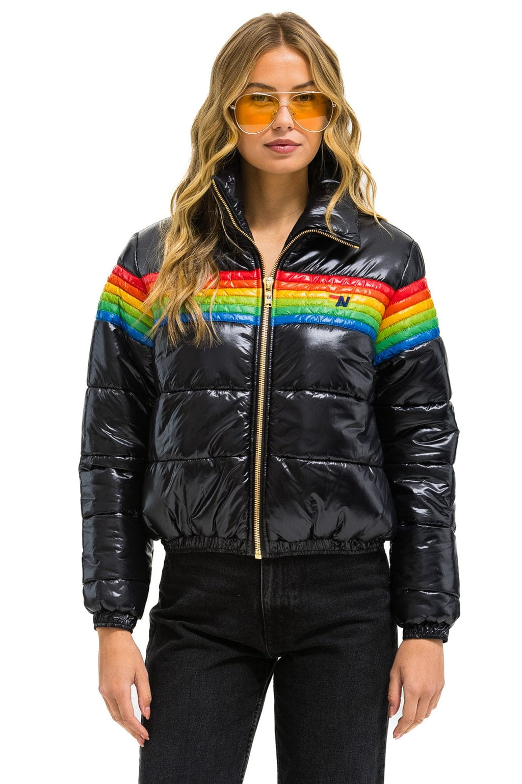 Retro 6 STRIPE LUXE APRES PUFFER JACKET - GLOSSY BLACK