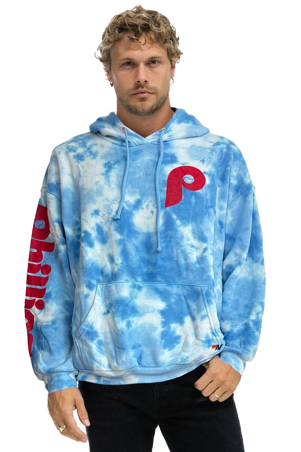 Retro PHILLIES HAND DYED RELAXED PULLOVER HOODIE - TIE DYE BLUE