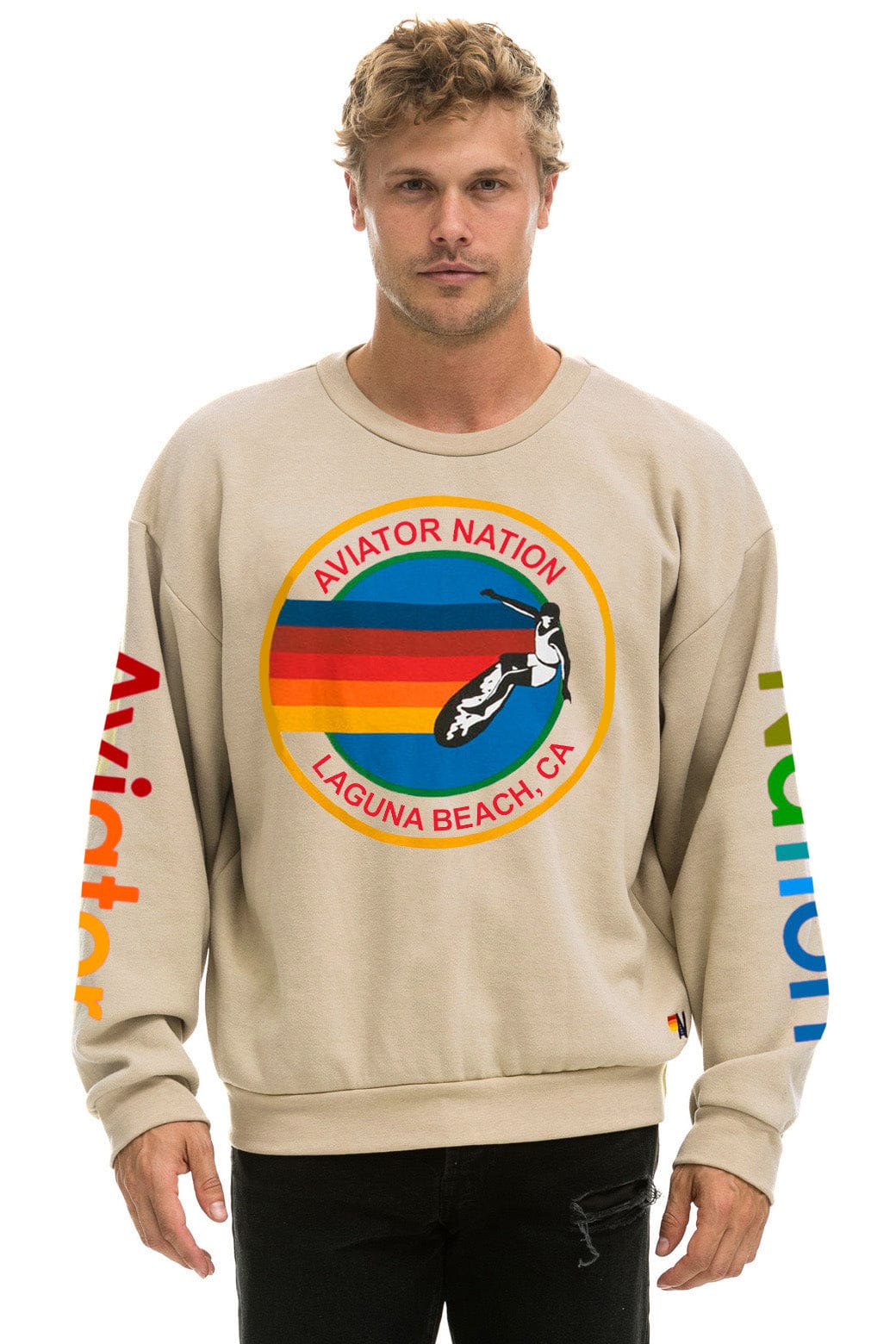 Retro AVIATOR NATION LAGUNA BEACH RELAXED CREW SWEATSHIRT - SAND