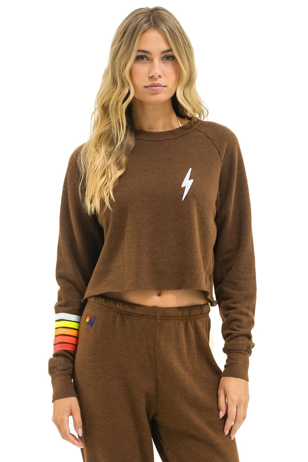 Retro BOLT RUGBY STITCH CROPPED CREW SWEATSHIRT - CHOCOLATE WHITE NEON