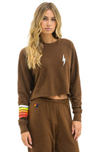Retro BOLT RUGBY STITCH CROPPED CREW SWEATSHIRT - CHOCOLATE WHITE NEON