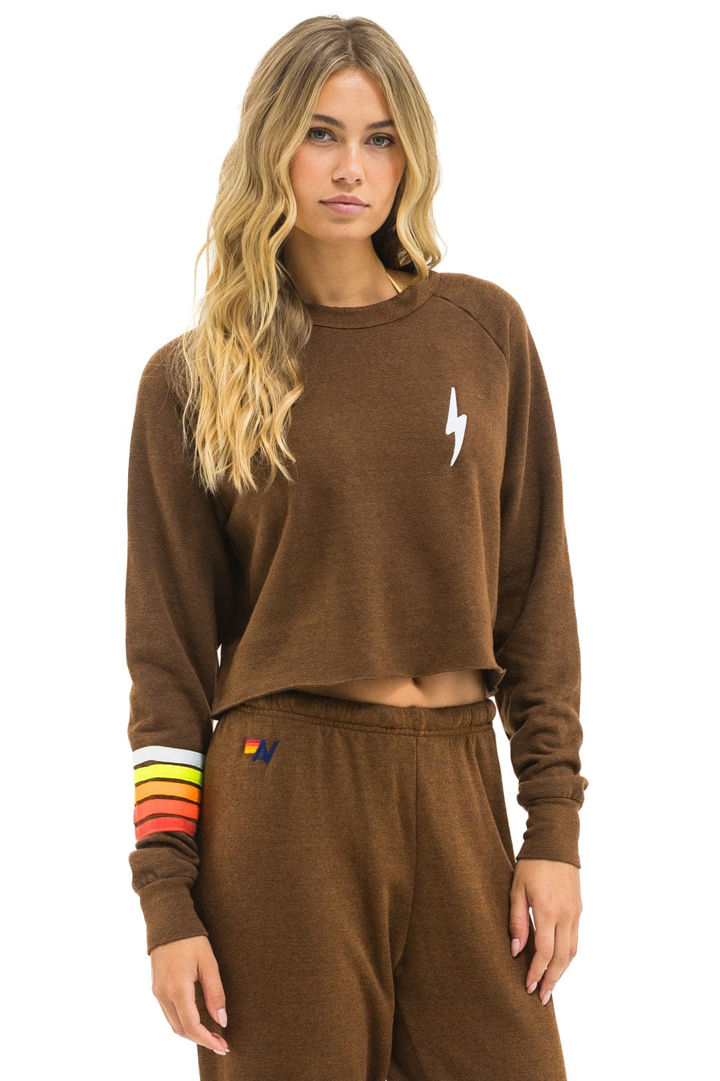 Retro BOLT RUGBY STITCH CROPPED CREW SWEATSHIRT - CHOCOLATE WHITE NEON