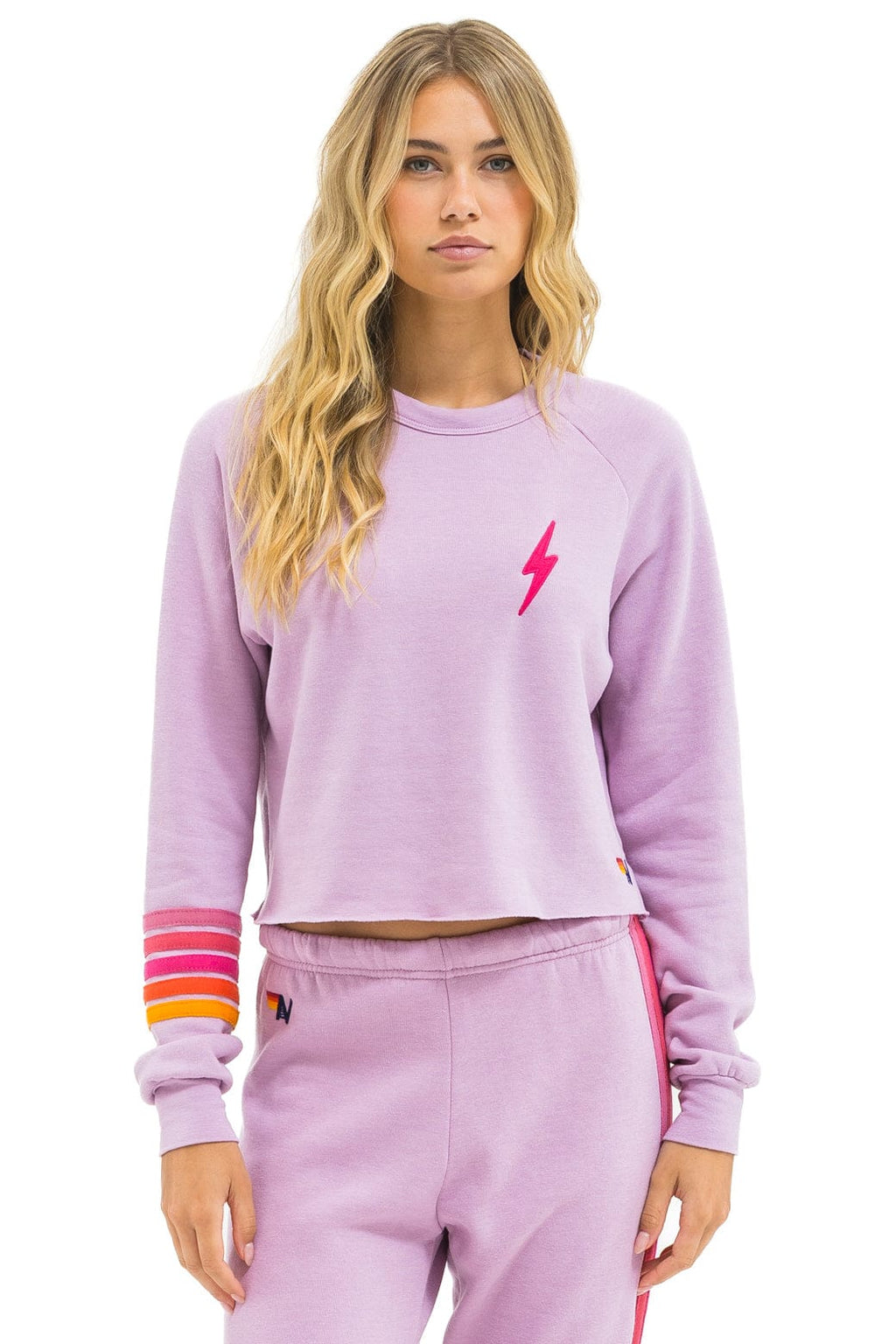 Retro BOLT RUGBY STITCH CROPPED CREW SWEATSHIRT - MAUVE MAGENTA ORANGE
