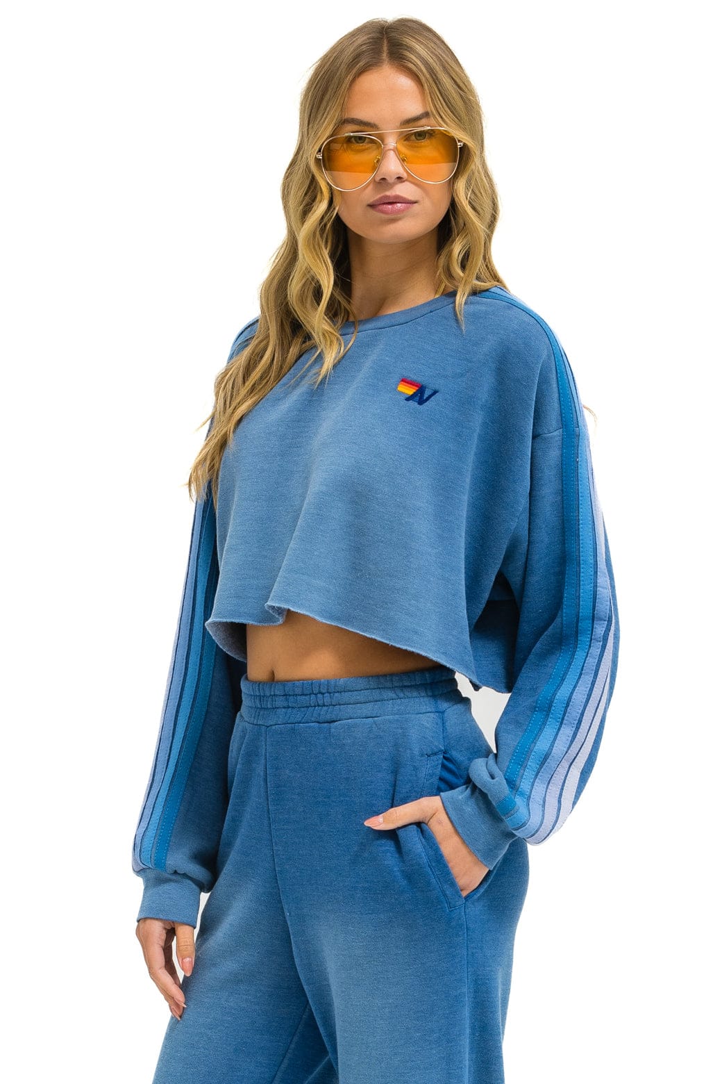 Retro CLASSIC STRIPE CROPPED CREW SWEATSHIRT RELAXED - FADED WATER