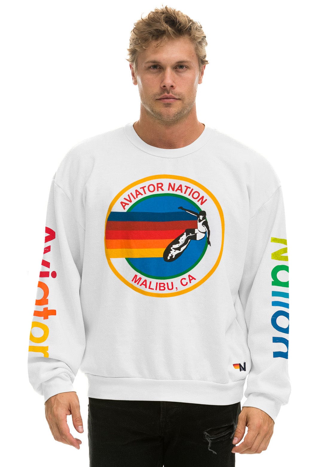 Retro AVIATOR NATION MALIBU RELAXED CREW SWEATSHIRT - WHITE