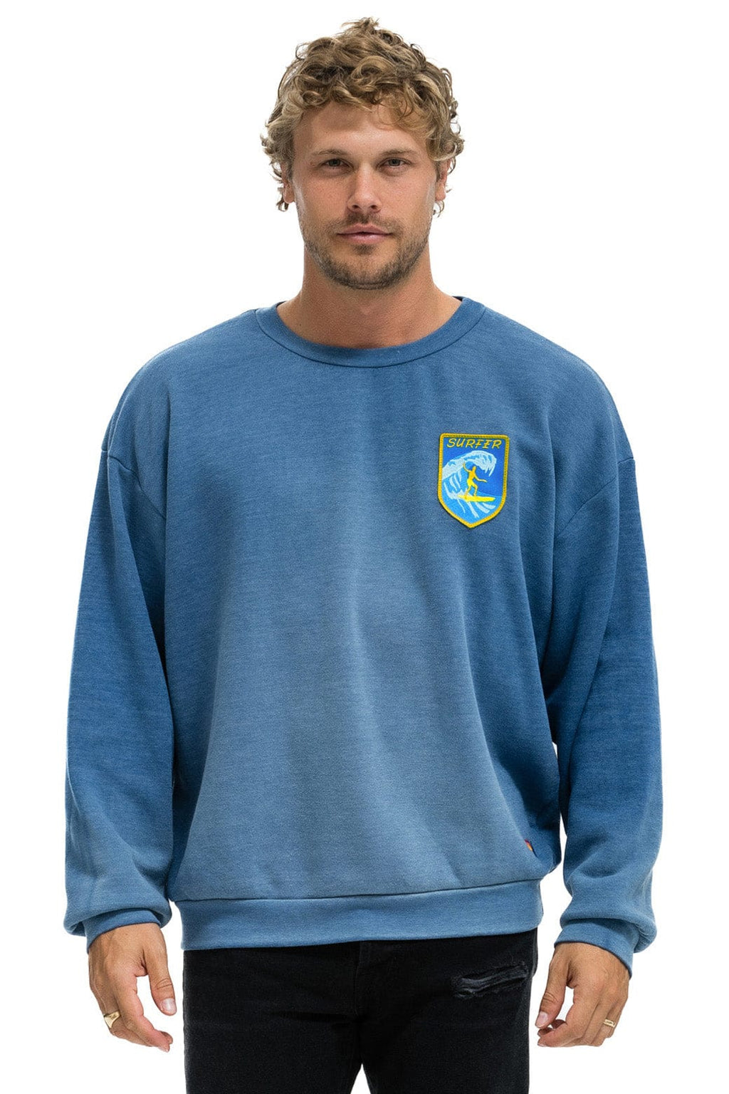 Retro SURFER WAVE PATCH RELAXED CREW SWEATSHIRT - FADED WATER