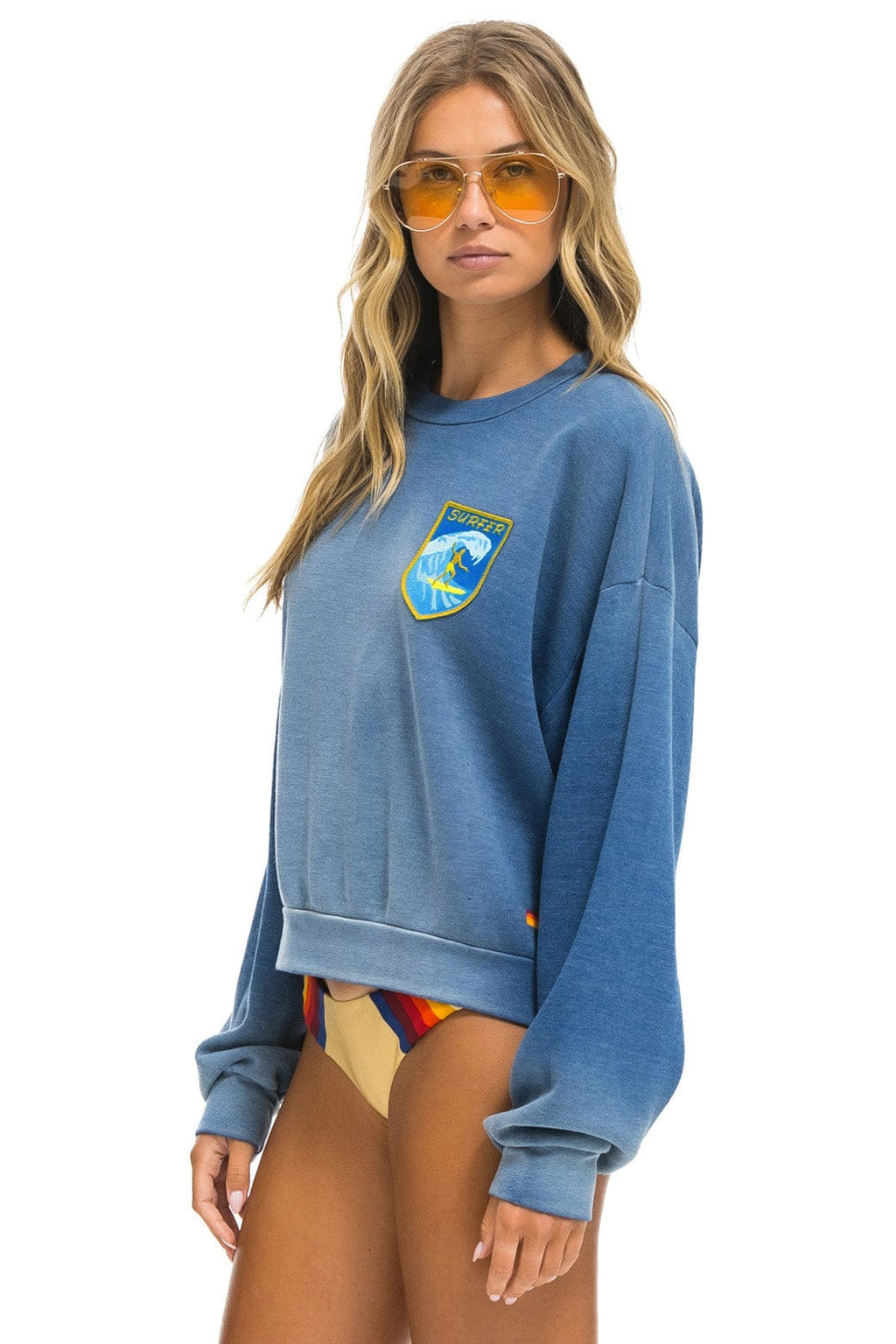 Retro SURFER WAVE PATCH RELAXED CREW SWEATSHIRT - FADED WATER