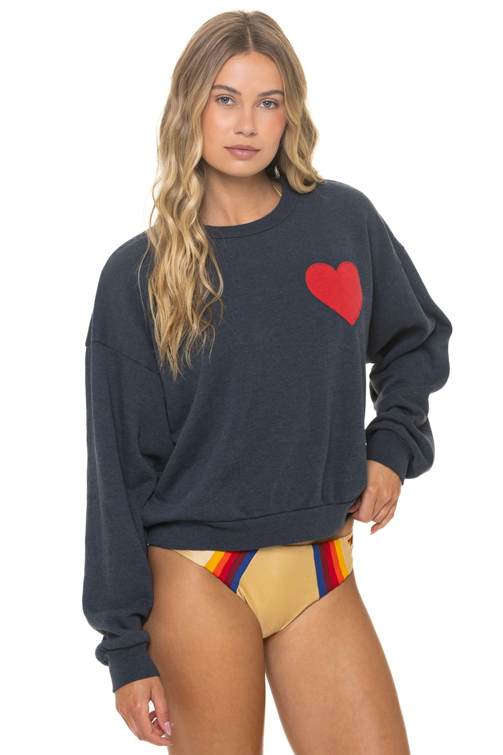 Retro HEART STITCH RELAXED CREW SWEATSHIRT - CHARCOAL