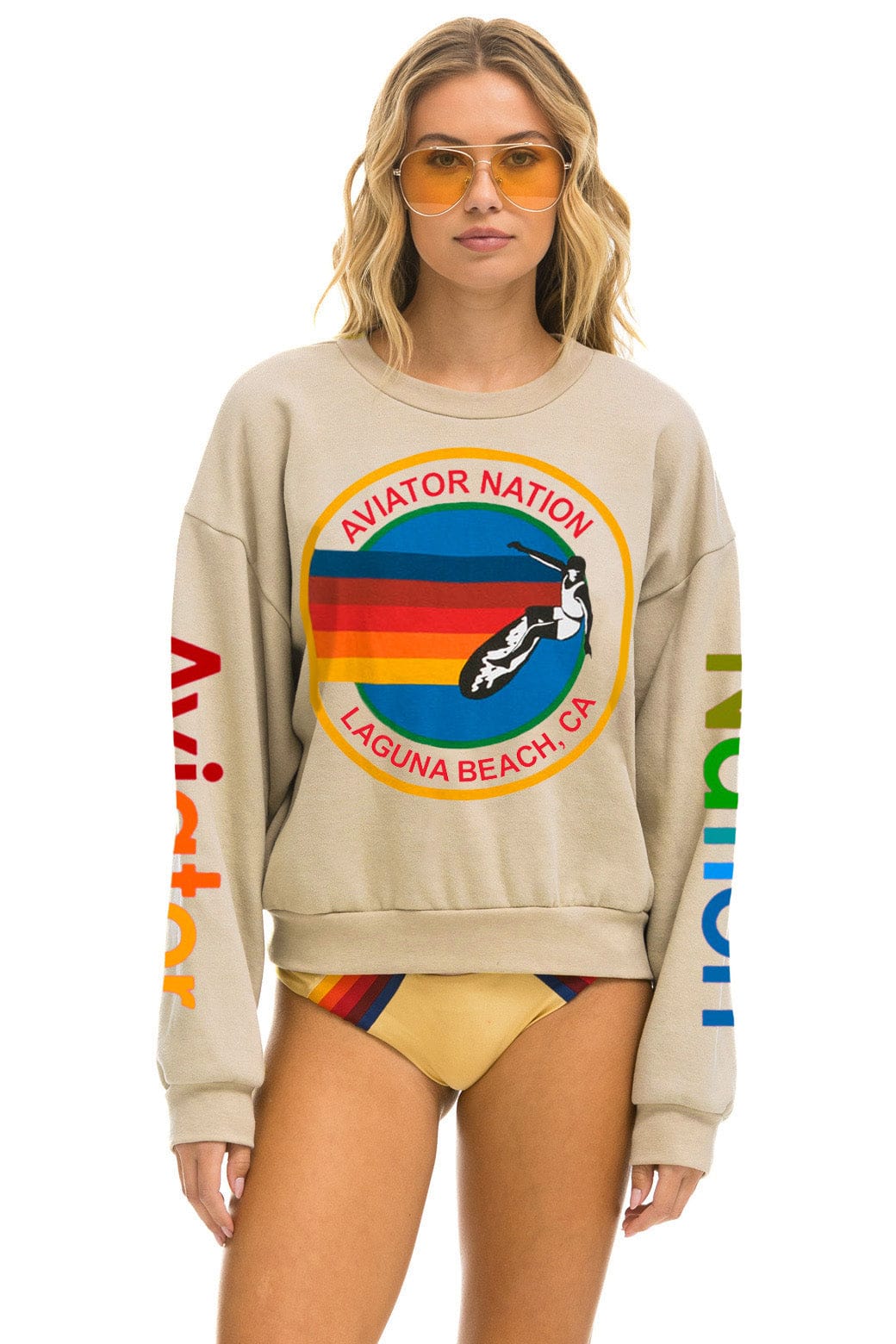 Retro AVIATOR NATION LAGUNA BEACH RELAXED CREW SWEATSHIRT - SAND