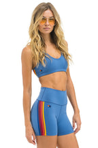 Retro 5 STRIPE RAINBOW 4 INCH HI-RISE BIKER SHORT - DUSTY BLUE