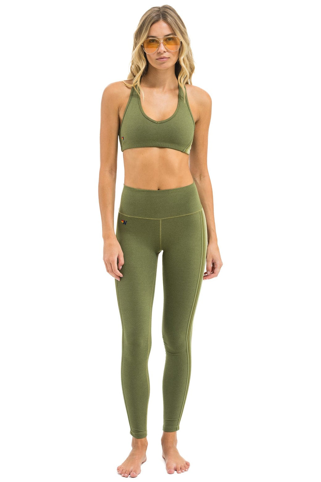 Retro FULL LENGTH HI-RISE 5 STRIPE LEGGINGS - ARMY