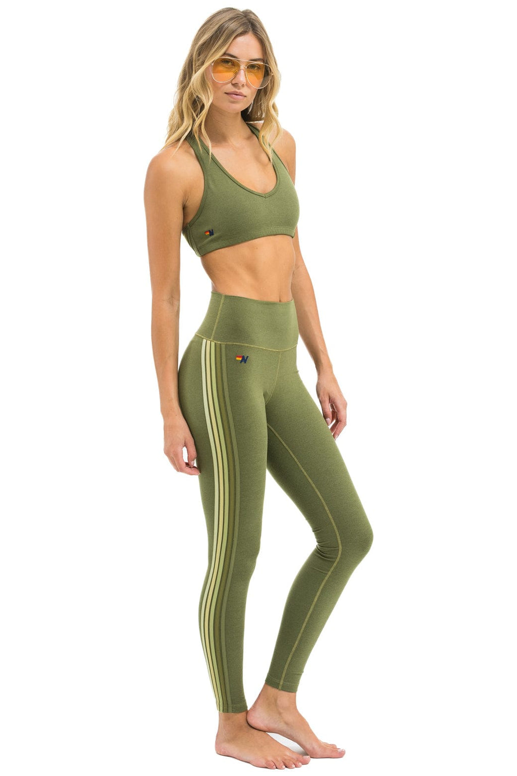Retro FULL LENGTH HI-RISE 5 STRIPE LEGGINGS - ARMY